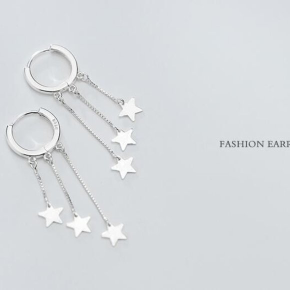 NEW 925 Sterling Silver Star Chain Drop Huggie Hoop Earrings - Picture 7 of 7